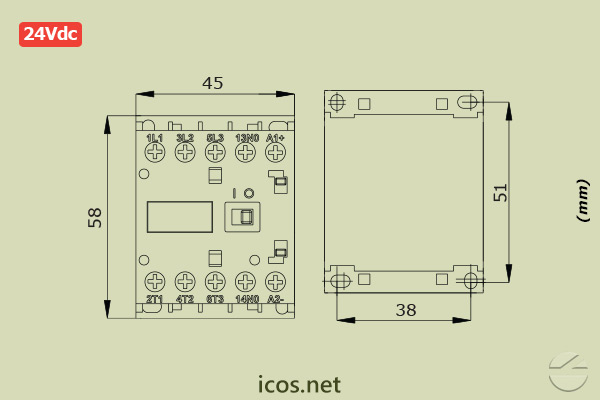 Dimensions of Weg CWC07 24Vdc Mini Contactor for electrical installation of Sensors